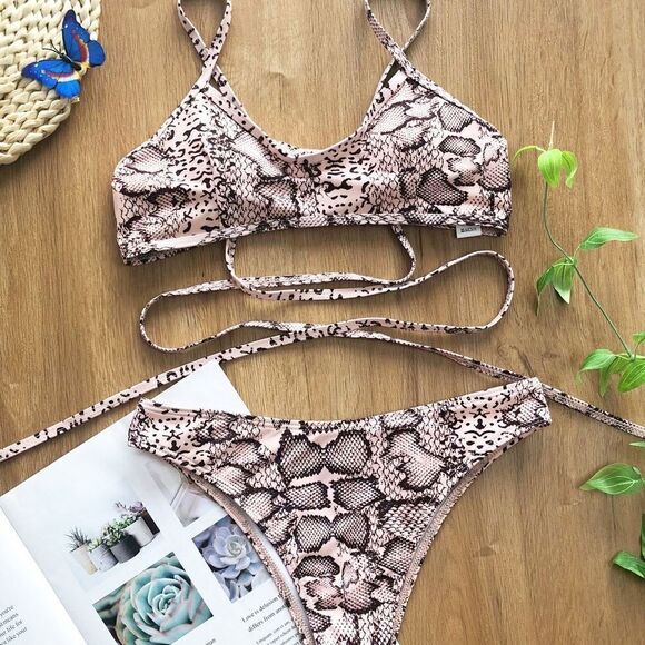 Cali Snake Print Strappy High Waist Scoop Pink Bikini - Picture 2 of 8